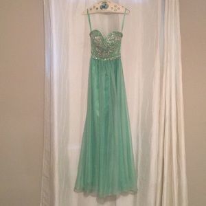 Open back, strapless sea green prom dress